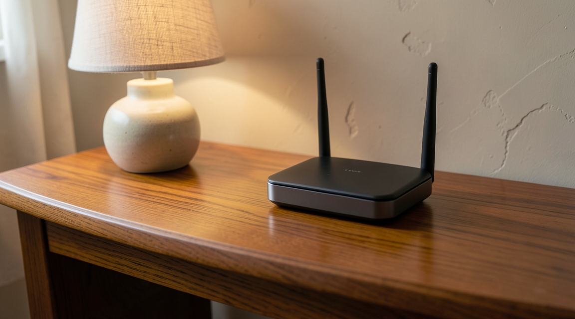 Router Wi-Fi na drewnianym biurku obok lampki, widok z perspektywy siedzącej osoby